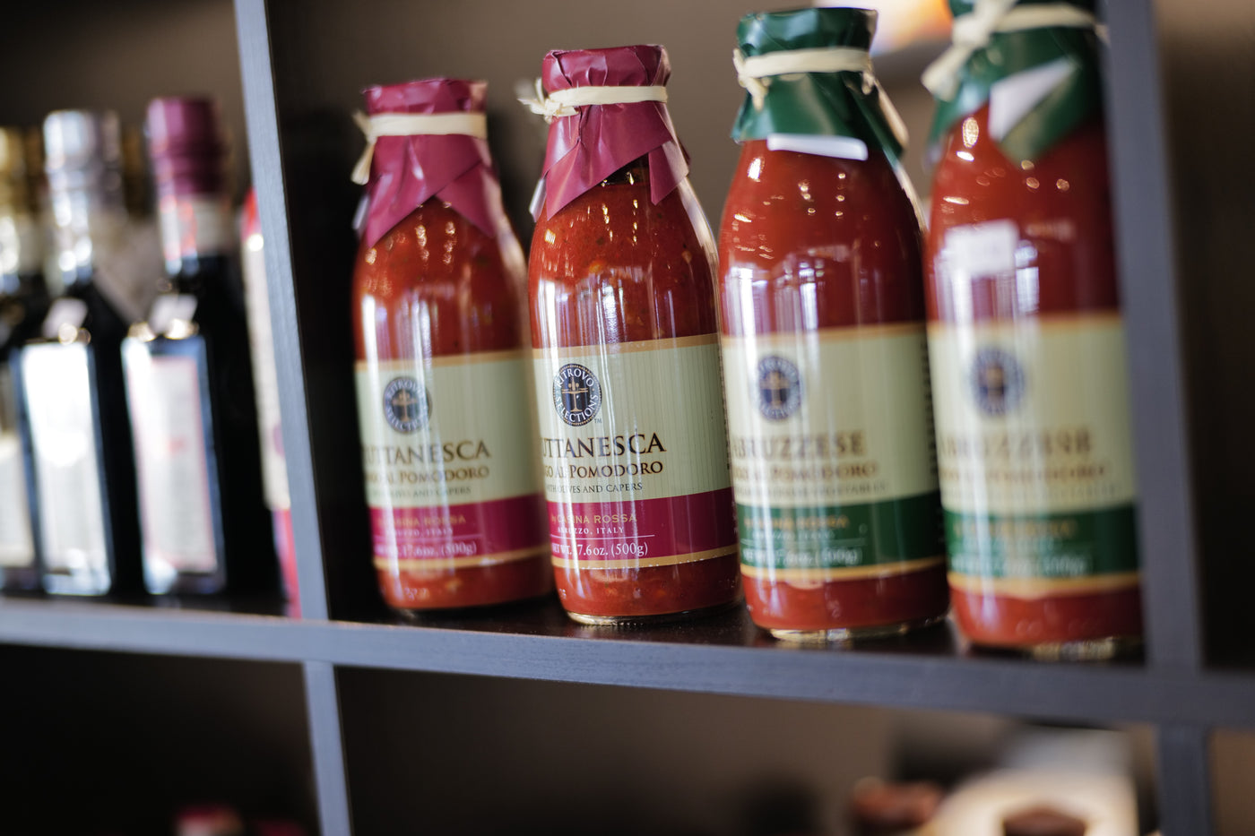 Shelves of Italian specialties at Ambrosi & Sons